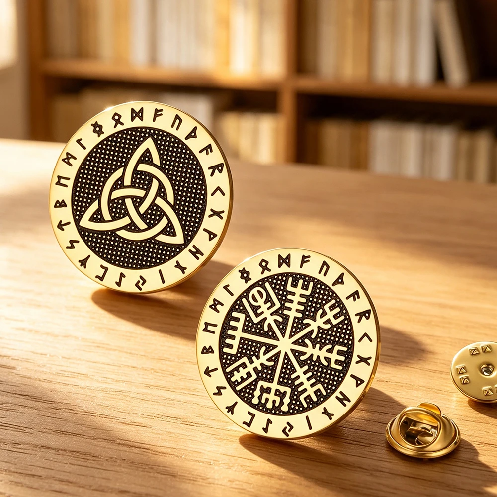 Triquetra Runes Brooch Vegvísir Nordic Compass Trinity Knot Lapel Pins Scandinavian Hat Bag Accessories Stainless Steel Jewelry