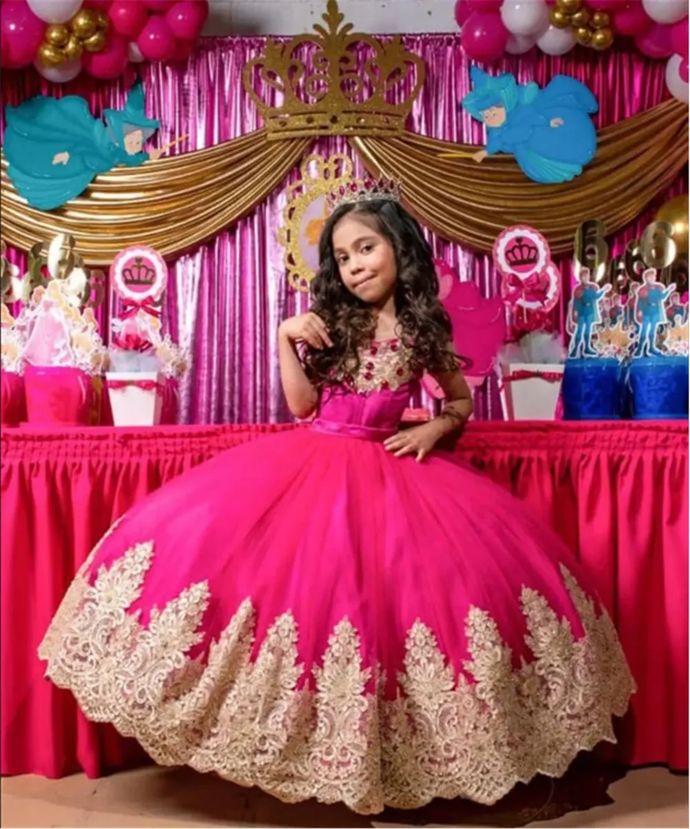 

Gold Appliques Princess Birthday Puffy Dresses Long Pageant Wedding Party Dress Tulle Prom Ball Gowns First Communion Gown