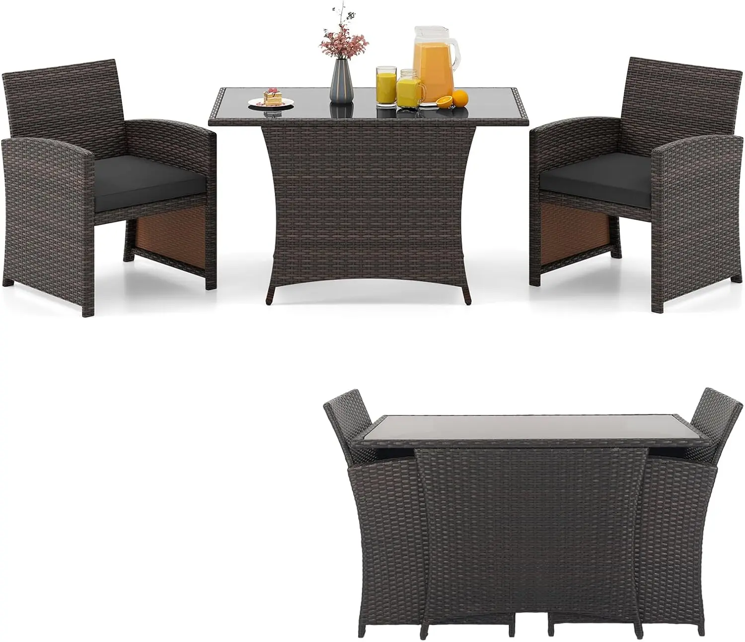 Outdoor Patio Wicker Dining Set with Rectangle Tempered Glass Table and Cushions for Backyard, Porch, Poolside