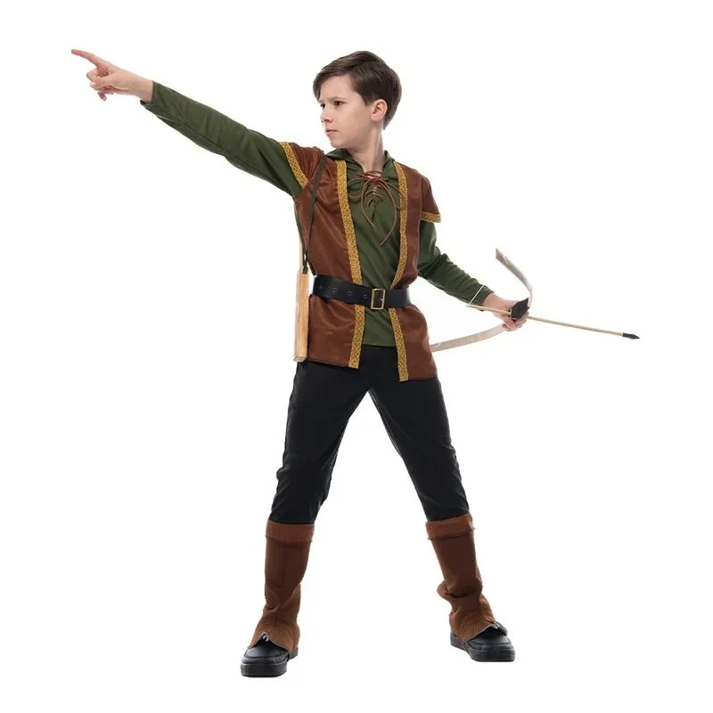 Family Vintage Green Archer Costume Halloween Forest Hunter Hoodie Suit Hoilday Party Cosplay Carnival Easter Purim Fancy Dress