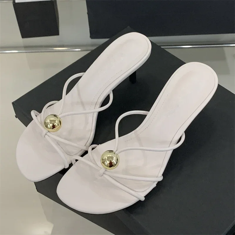 Aneikeh Design Narrow Band Hollow Out Thin Low Heels Women Slippers Fashion Round head Stripper Party Dress Female Summer Shoes