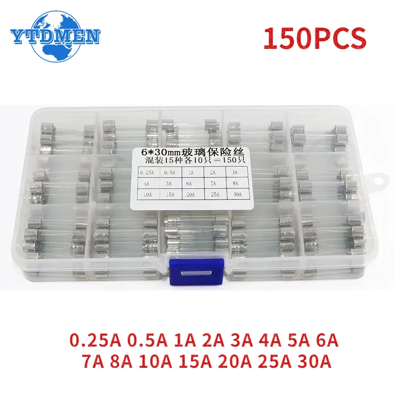 150PCS 6x30mm Glass Fuses Kit Car Glass Tube Fuse 0.25A 0.5A 1A 2A 3A 4A 5A 6A 7A 8A 10A 15A 20A 25A 30A