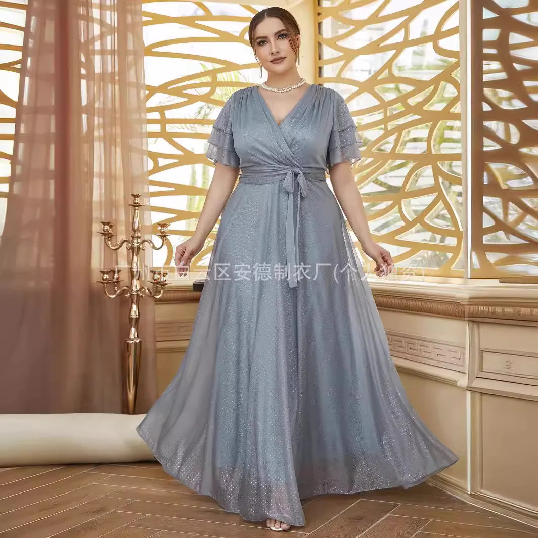 Large Women\'s Elegant Evening Dress Drop Deep V Bridesmaid Fairy Dress Plus Size High Waist Long Chiffon Dress Flare