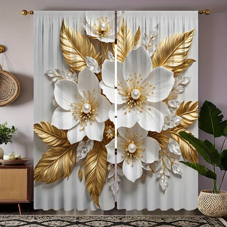 2pcs Gold and White Floral Print Sheer Curtains – Rod Pocket Design for Living Room Bedroom and All-Season Patio Doors