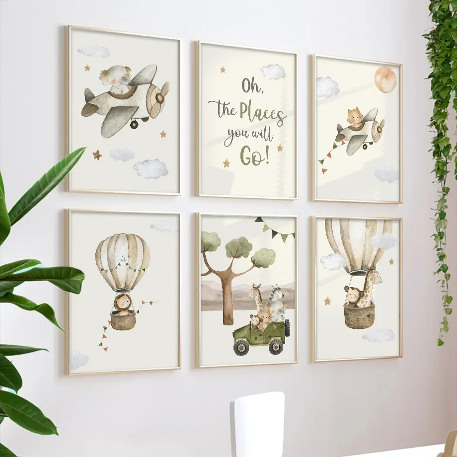 Lion Giraffe Monkey Balloon Aircraft Car Nursery Wall Art Canvas Painting Posters And Prints Wall Pictures Baby Kids Room Decor