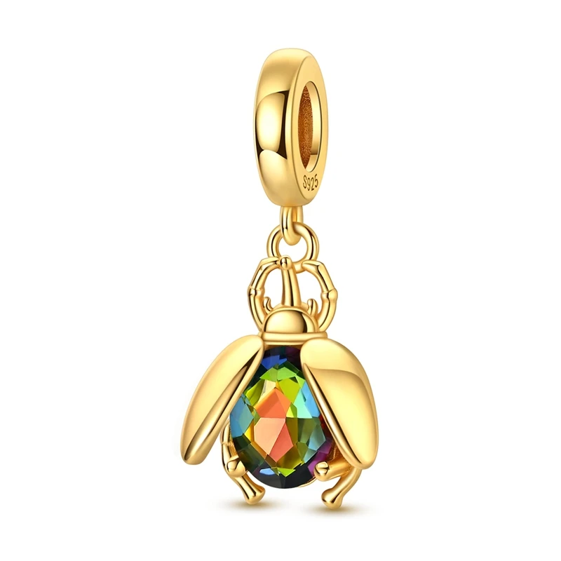 925 Sterling Silver Gold Plated Charms Bead Glittering Beetle Dangle Fit Original Bracelet DIY Women Jewelry