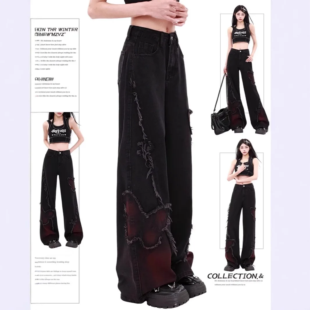 American Vintage Black Butterfly Wide Leg Jeans Women High Waist Slim Straight Niche Design All Season Streetwear Denim Pants