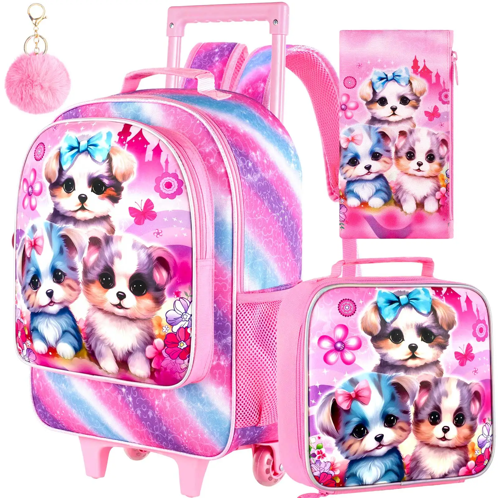 3PCS Rolling Backpack for Girls, Kids Roller Wheels Bookbag, Wheeled Elementary School Bag with Lunch Bag - Dog