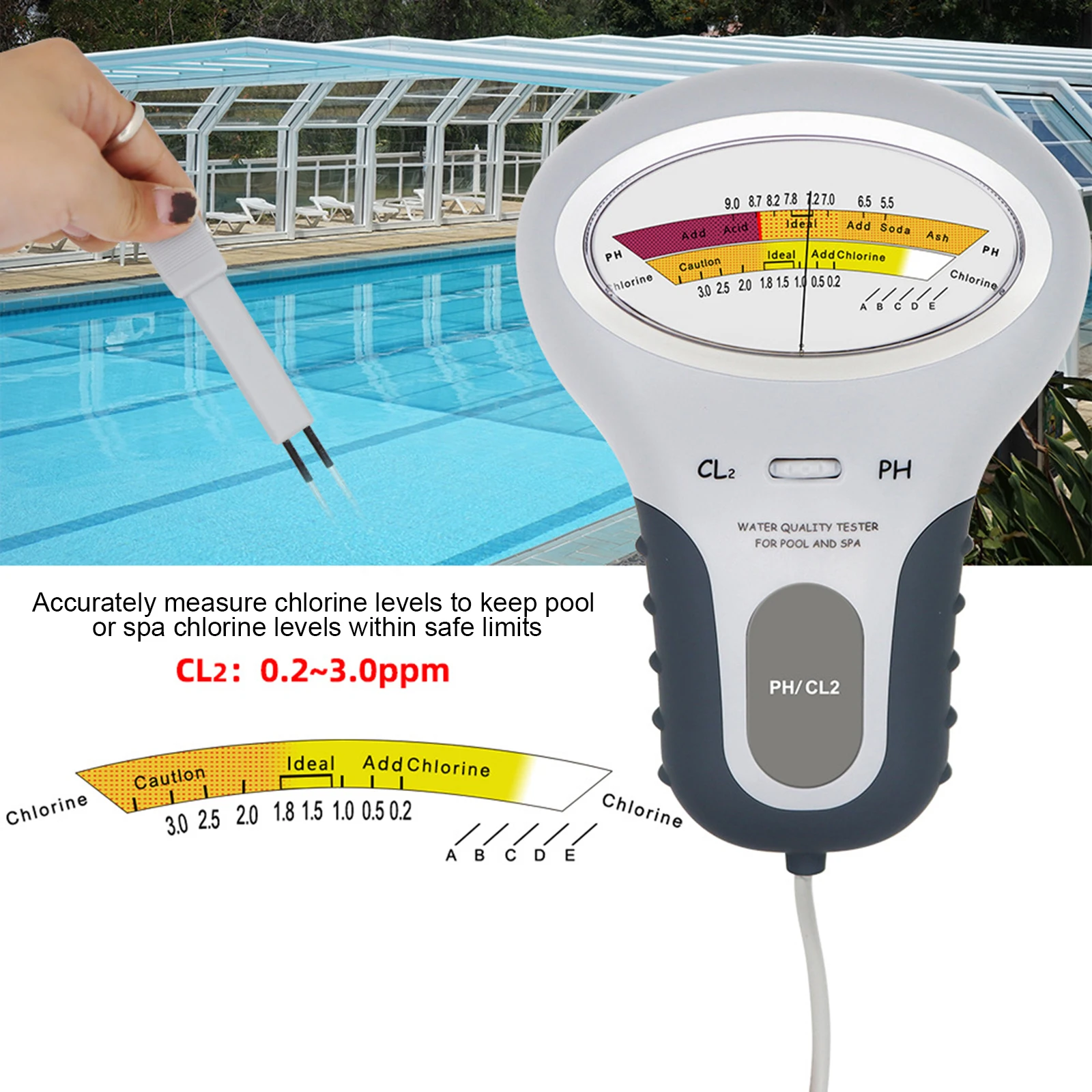 Probador portátil de calidad del agua, dispositivo de prueba de PH y cloro para piscina, SPA, acuario, CL2, 2 en 1