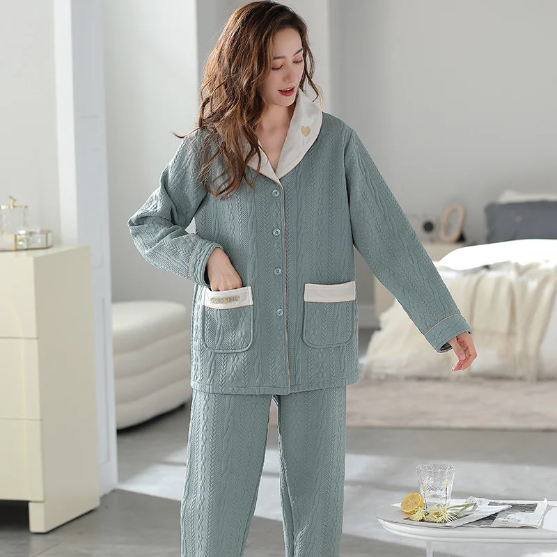 Pyjama à manches longues pour femme, ensemble deux pièces, coton, trois couches, matelassé, épais, vêtements de maison, automne, hiver