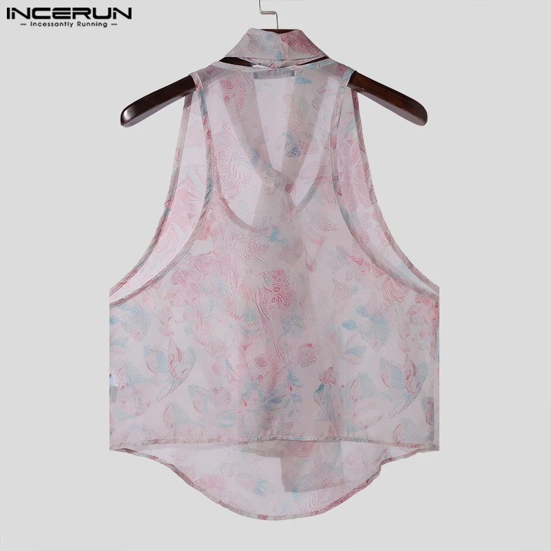 INCERUN Men Tank Tops Printing V Neck Sleeveless Transparent Vests With Belt Streetwear 2024 Loose Fashion Casual Men Clothing