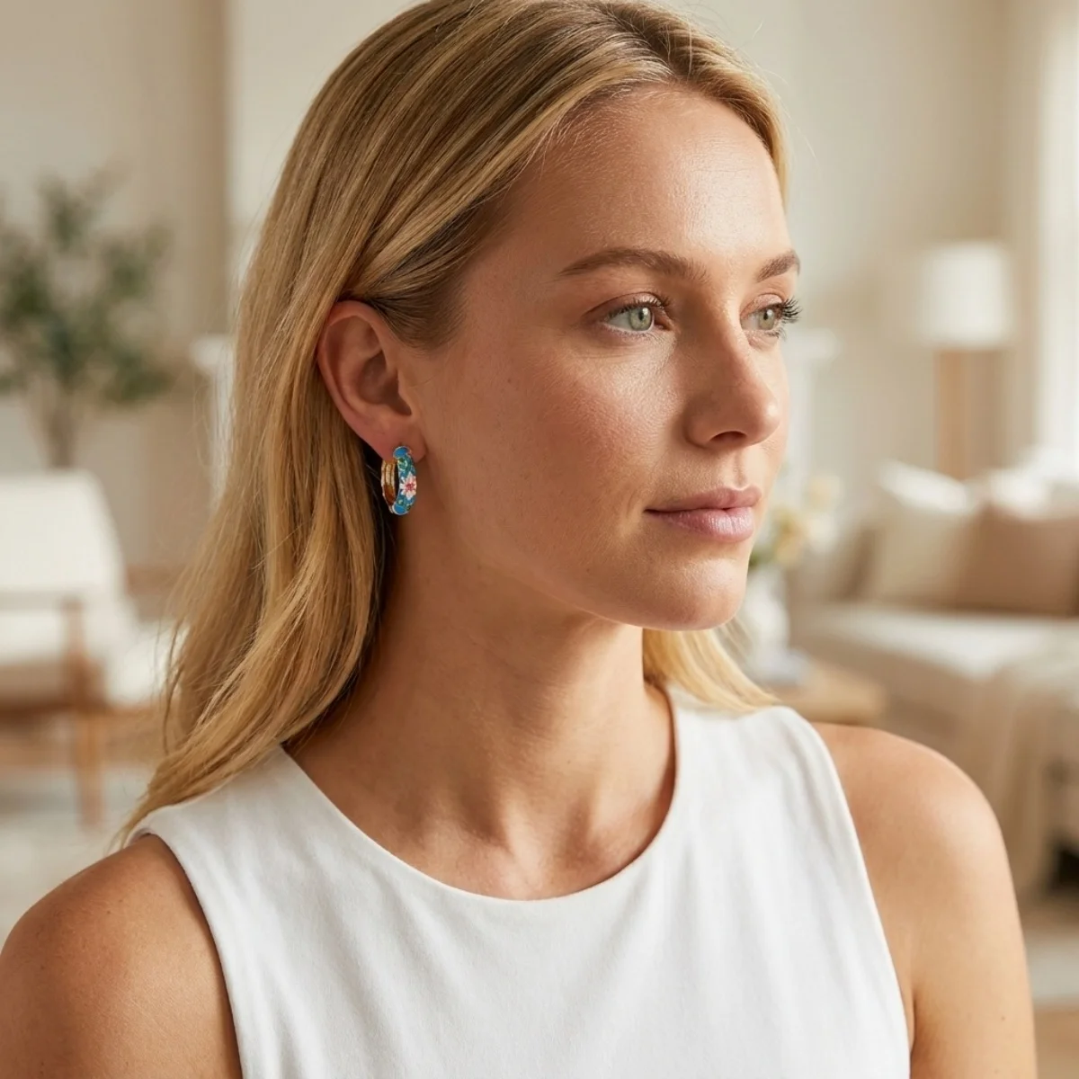 Süße bunte Emaille-Gänseblümchen-Ohrstecker für Damen und Herren, elegante geometrische Creolen mit Gittermuster, Schmuck – Detail 17