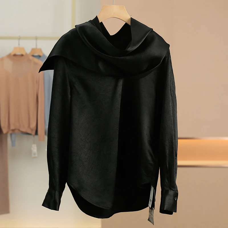 

Elegant Style Women's Shirt Asymmetrical Neck Design Fashionable Long Sleeve Top Comfortable Breathable Viscose Fiber Spring ...