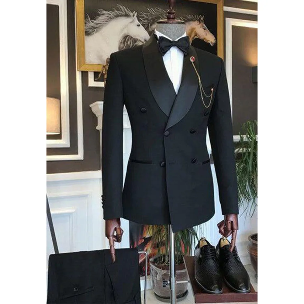 

Stylish Black Men Suits Collar Double Breasted High Quality Fashion Banquet Business Celebrity Male Clothing Classic Simple