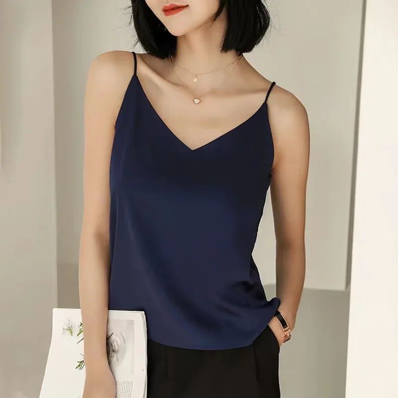 Fashion Strap Top Women Halter V Neck Basic White Cami Sleeveless Satin Silk Tank Tops Women\'S Summer Camisole