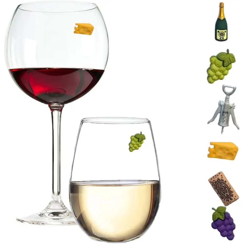 Set of 6 Magnetic Drink Markers with Wine Theme for Glass Identification