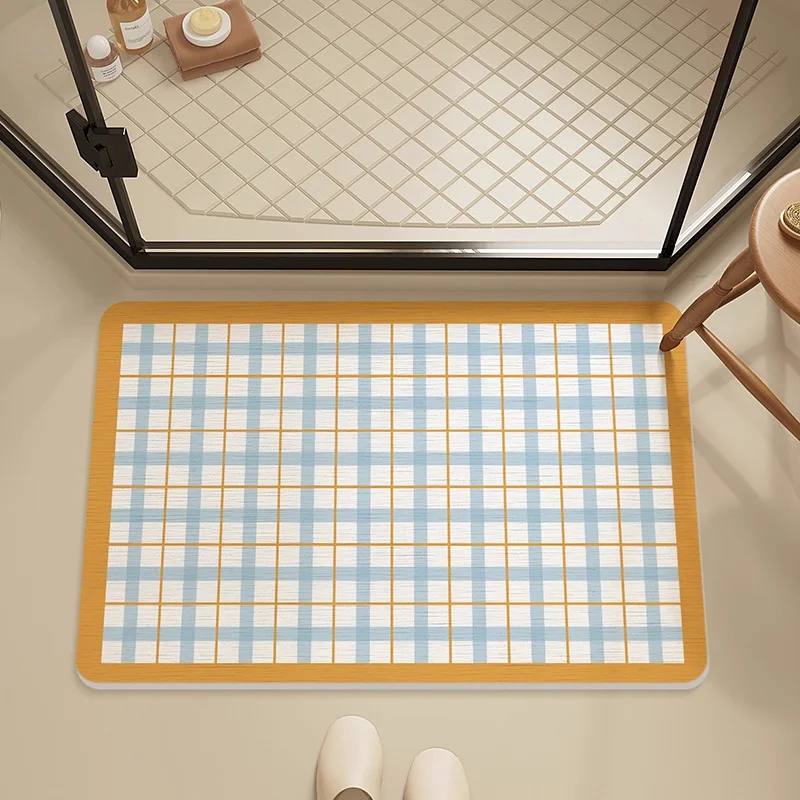 VIKAMA Bath Mat Pastel Blue Gingham Grid Doormat Non‑Slip Quick Dry Absorbent Bathroom Shower Entry Indoor Home Floor Decor