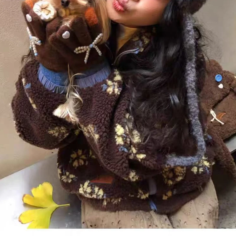 Flower Lamb Wool Top Thickened Autumn and Winter New Loose Casual Coat