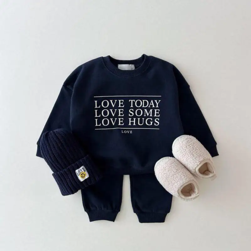 Autumn Children Letter Print Fashion Sweatshirt Set Boy Girl Baby Cotton Long Sleeve Tops+ Solid Pants 2pcs Kid Casual Tracksuit