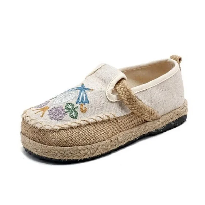 Wide Toe Ethnic Embroidered Casual Shoe for Women Chinese Style Linen Spring Sneaker Ladies Vintage Dress Flats