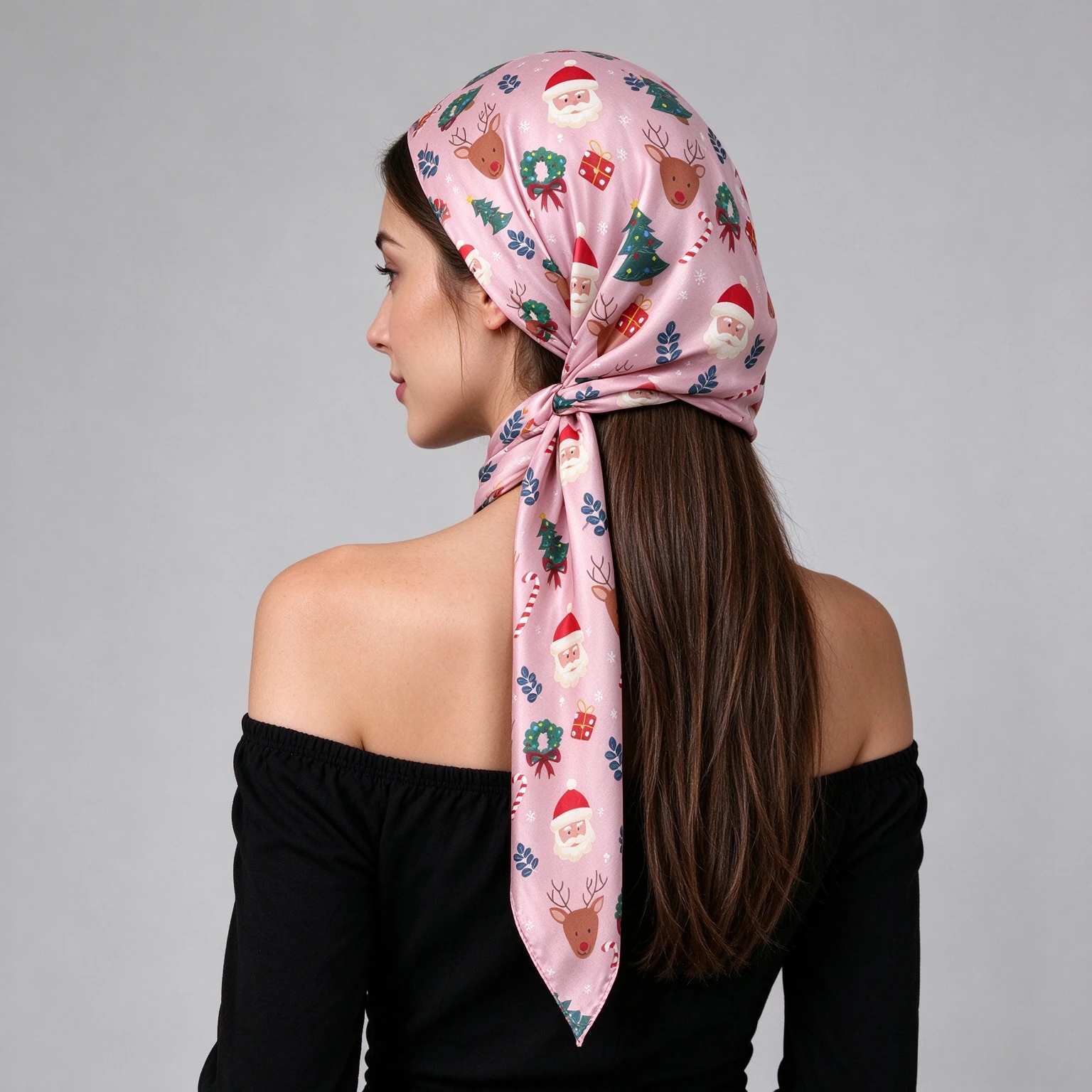 70/90cm Christmas Print Satin Square Scarf Women Santa Reindeer Head Scarf Bandana Soft Silk Feel Shawl Neck Scarf Hair Wrap