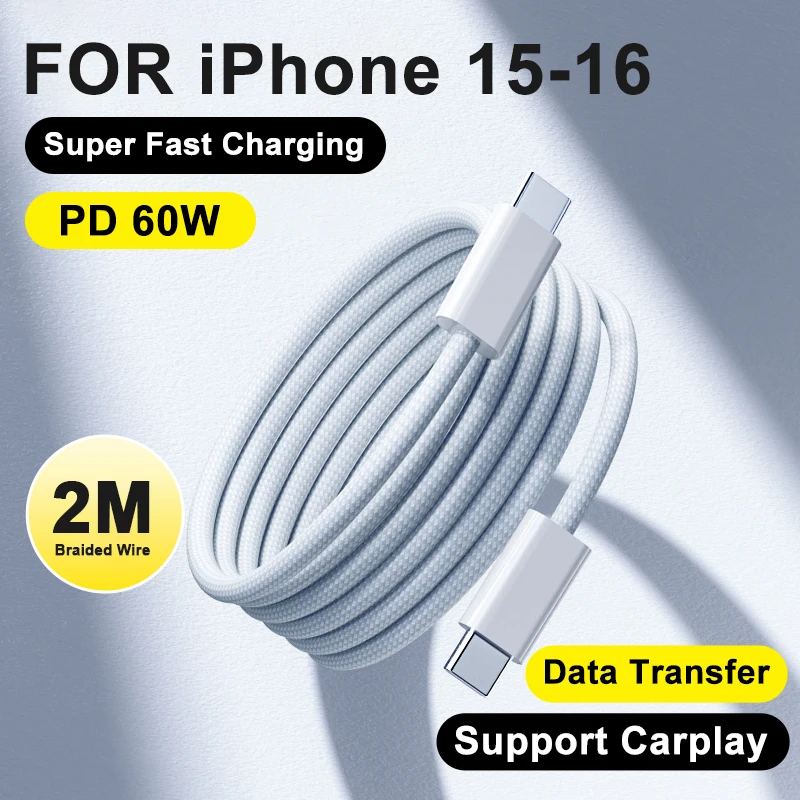 

Супербыстрый зарядный кабель PD 60 Вт для Apple, USB Type C к Type C, аксессуары для телефонов iPhone 16, 15 Pro, Max Plus, Samsung S24, S23