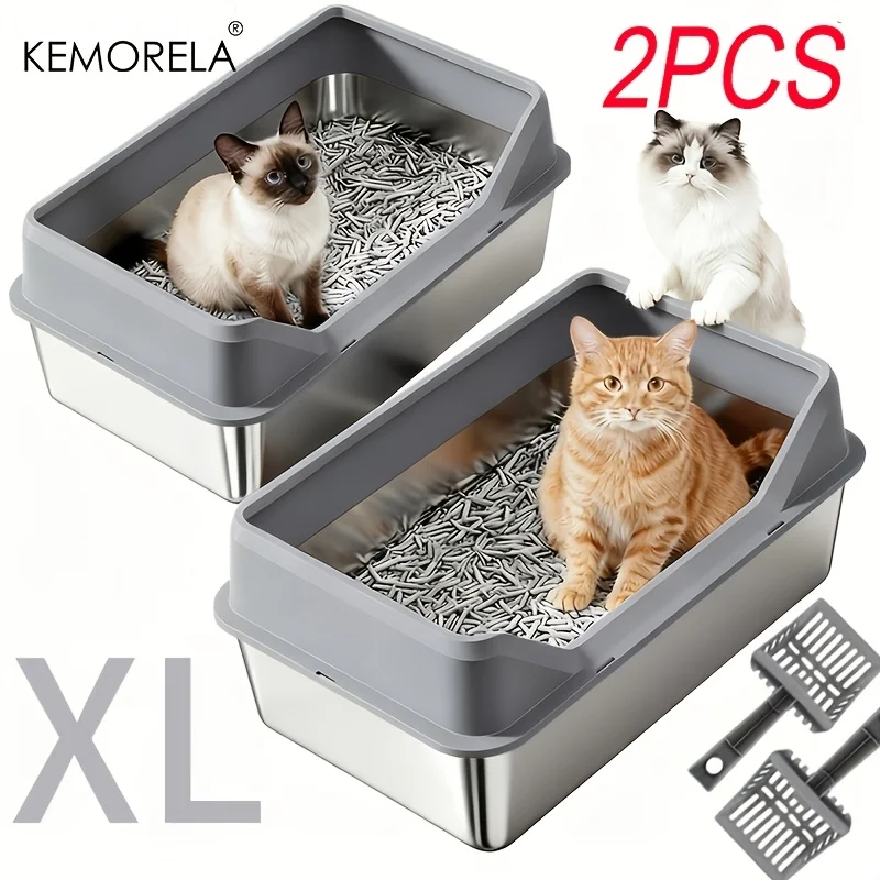 

KEMORELA-Кошачий лоток с крышкой и лопаткой, против брызг, с антипригарным покрытием, высокий настенный корпус, очень большой размер, XL, 2 шт.