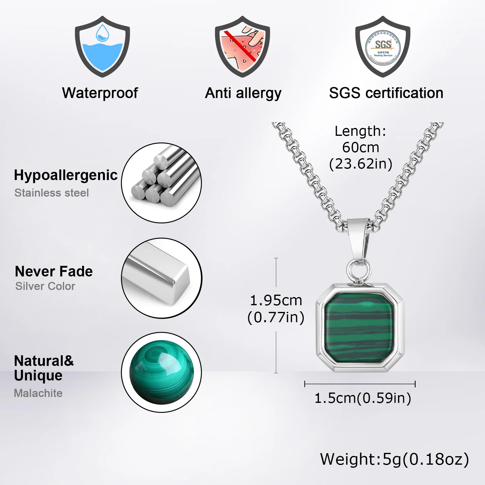 Watermelon Color Pendant Necklace for Men Boys,Green Square Round Stainless Steel Necklace,Stylish Jewelry Gifts to Husband Dad - Image 5