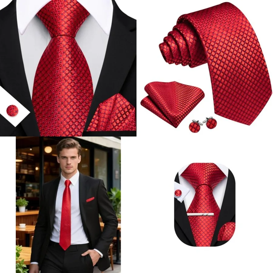 Conjunto de Corbata y Pañuelo de Bolsillo a Cuadros/Rayas para Hombre, de Seda, para Negocios, Bodas, Eventos Formales, con Gemelos, Rojo y Azul