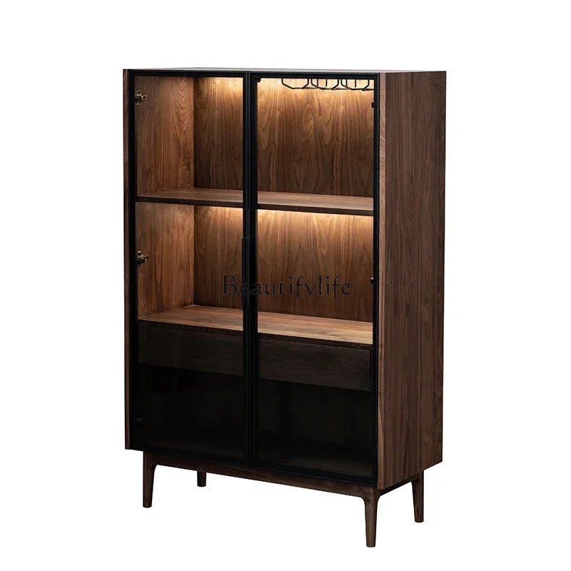 

FG11Black Walnut Solid Wood Storage Display Cabinet Living Room Wall Glass Log Sideboard Cabinet