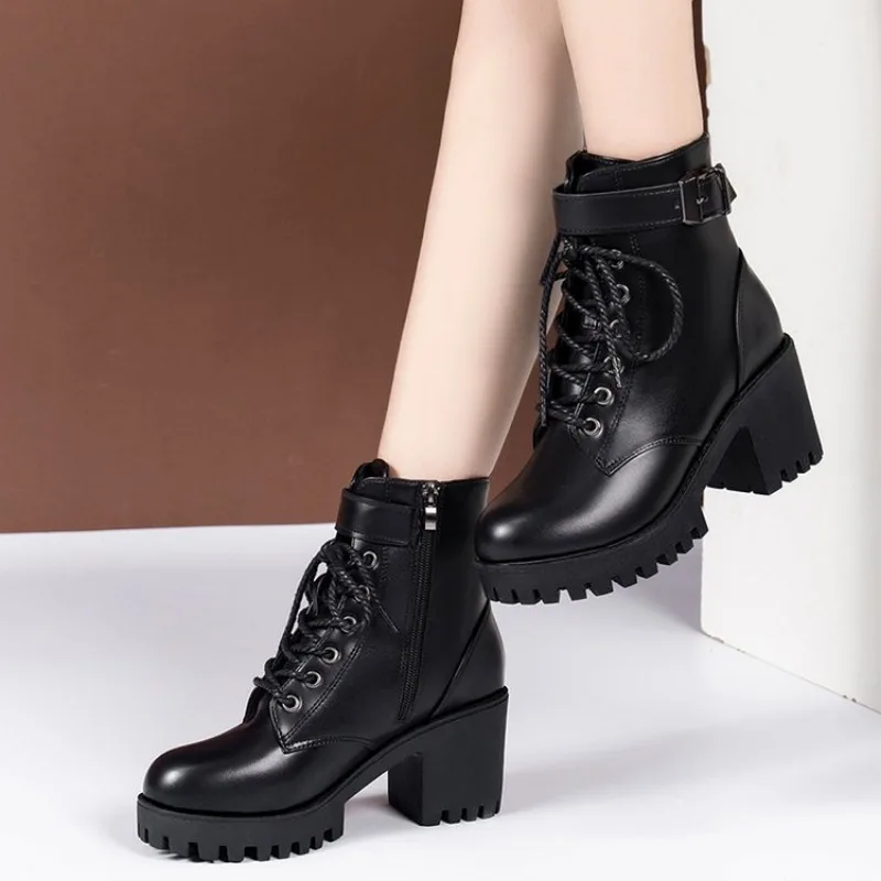 2024 Winter Leather Women Winter Boots Thick Wool Warm Women High-heeled Genuine Boot High-quality Female Snow Boots Women Shoes