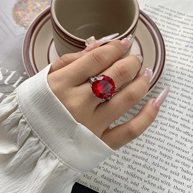 

Adjustable Elegant 16mm Red Crystal Ring for Women Sparkling Fashion Jewelry Ideal for Parties Gifts and Daily Wear Accessories