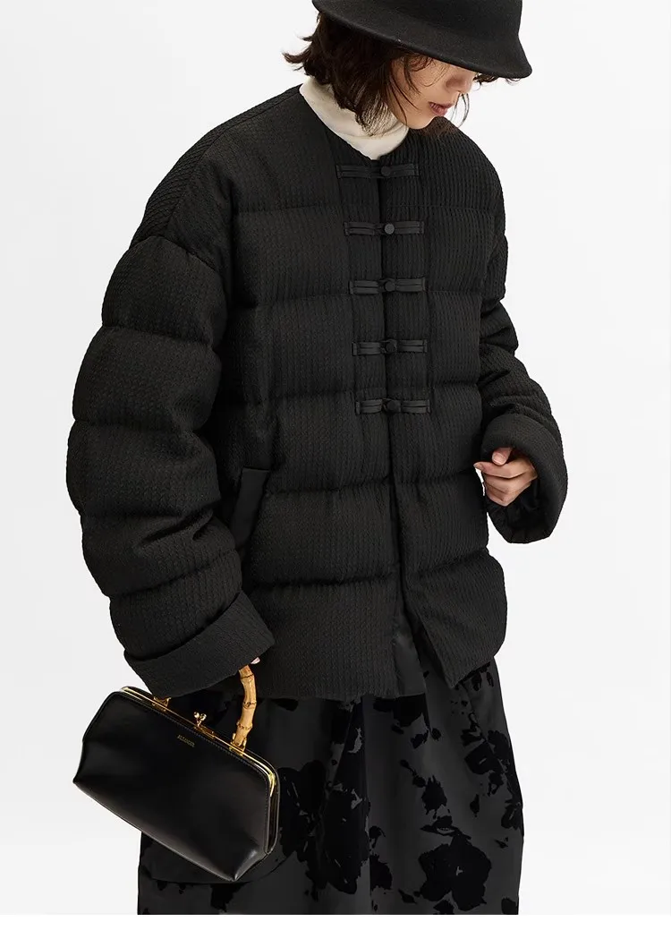 Women's New Chinese Style Goose Down Jacket with Button Detail, 2026 New Model, Made of Real Silk Guanle Crepe Fabric