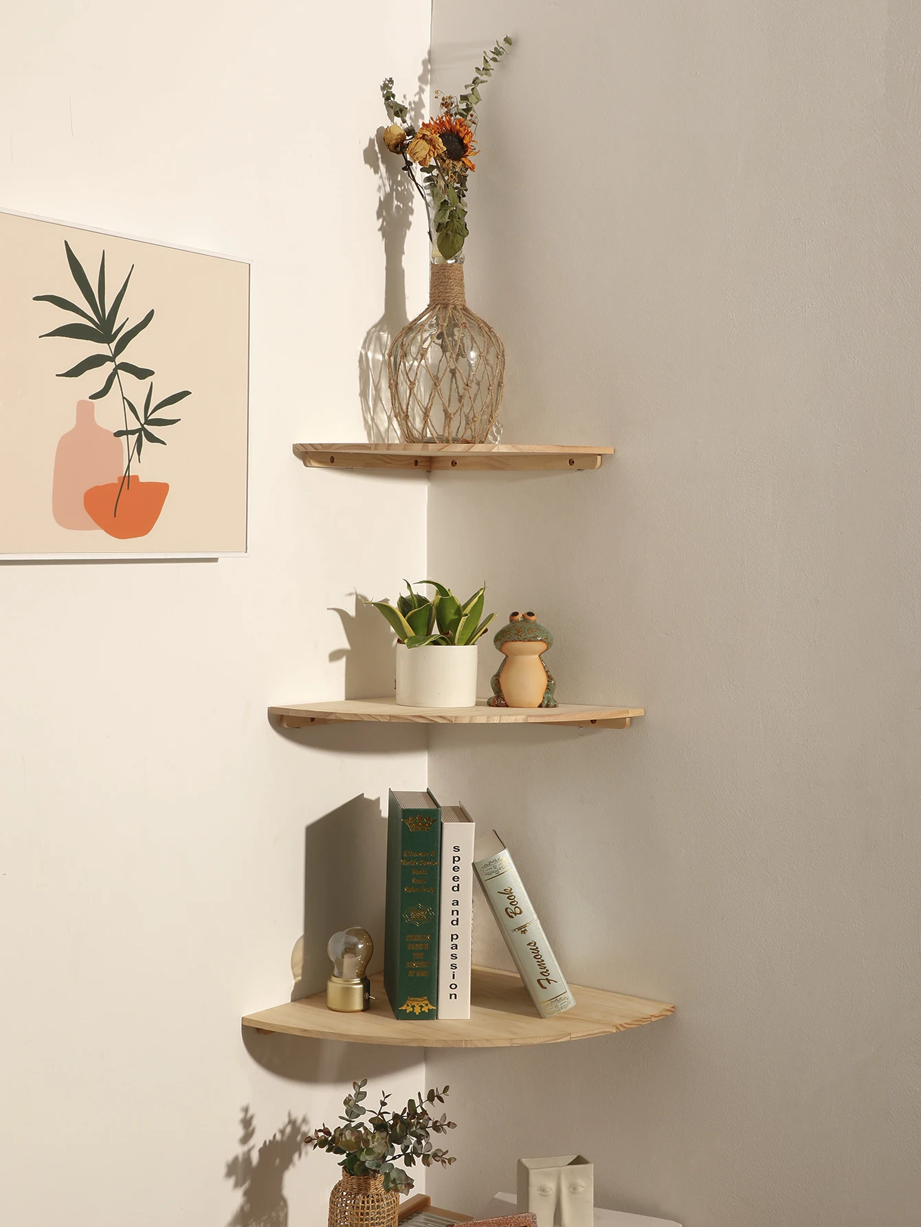 Wall Corner Shelves Wood Floating Wall Shelf Round End Wall Mounted Floating Corner Shelf for Bedroom Living Room and Kitchen