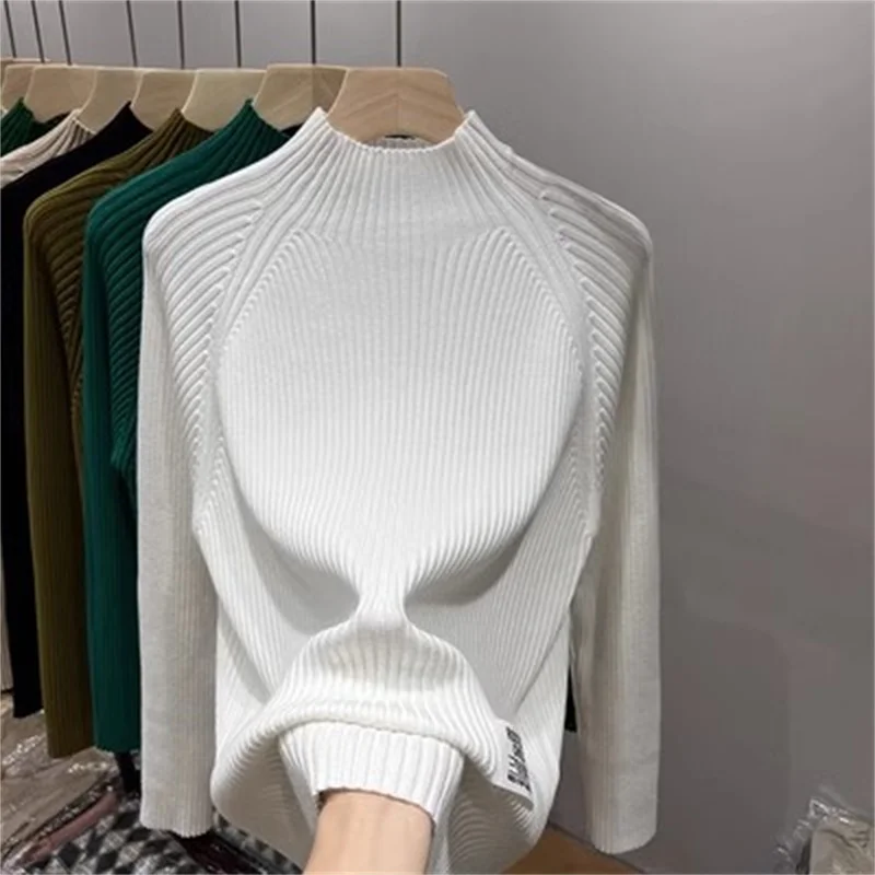 4XL Women\'s Autumn/Winter New Solid Color Half High Neck Bottom Sweater Women\'s Loose and Fashion Underwear Knitwear Shirt White