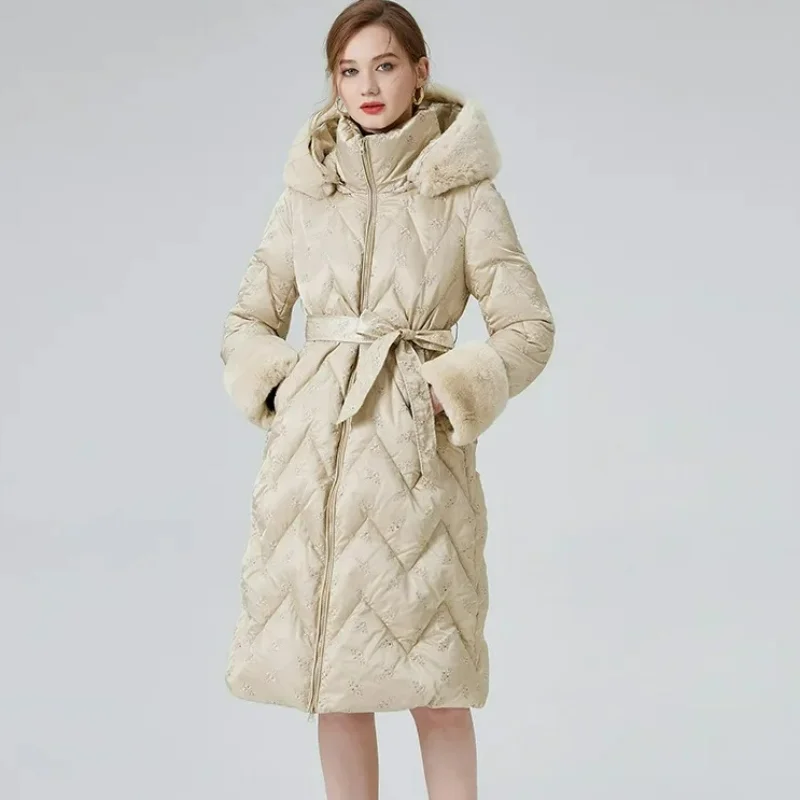 Mulheres com capuz para baixo casacos de inverno high-end engrossado jaqueta longa estilo viajante branco pato roupas pele de coelho parkas