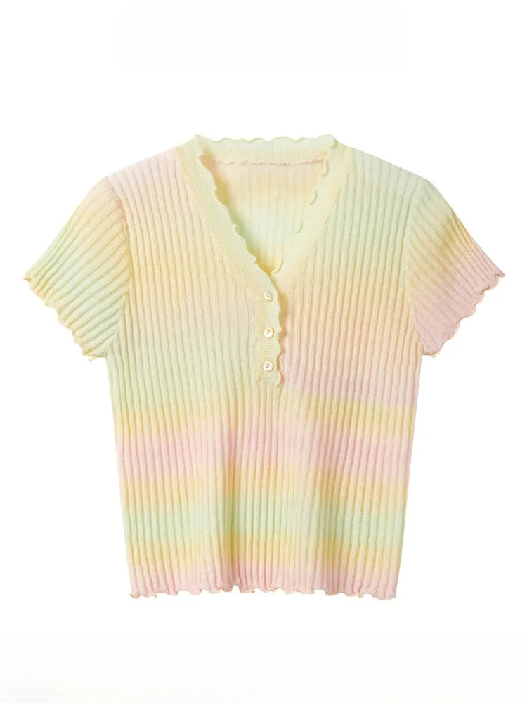 

Slimming Effect Knitted Top V-Ne ort Sve Women's Faion Summer New Sle Yarn Dyeing Wood Design Inner Wear