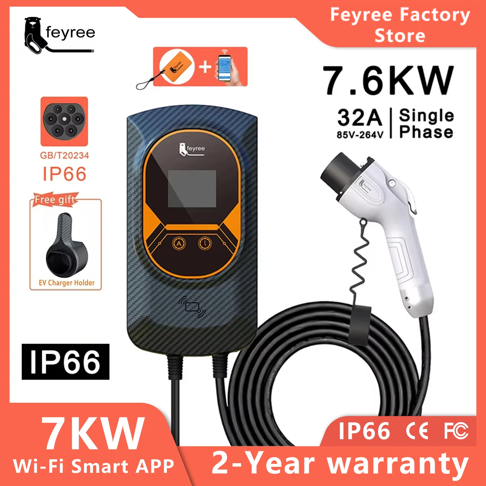 Feyree-cargador EV GB/T, Cable 16A 32A EVSE Wallbox 7KW 11KW 22KW, Control por aplicación, Control de tarjeta RFID, Cable de 5m para vehículo eléctrico