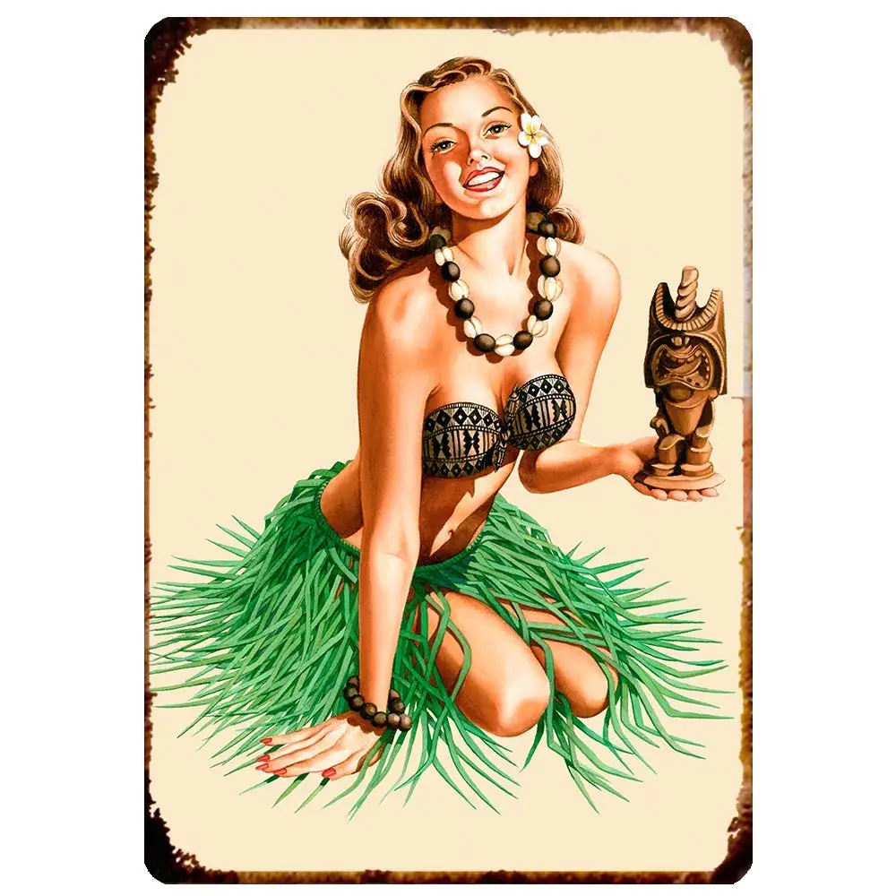 Vintage Tin Sign Hawaii Pin Up Girl Beauty Sexy Girl Wall Decoration Poster Bar Restaurant Metal Tin Sign 12x8inchQ