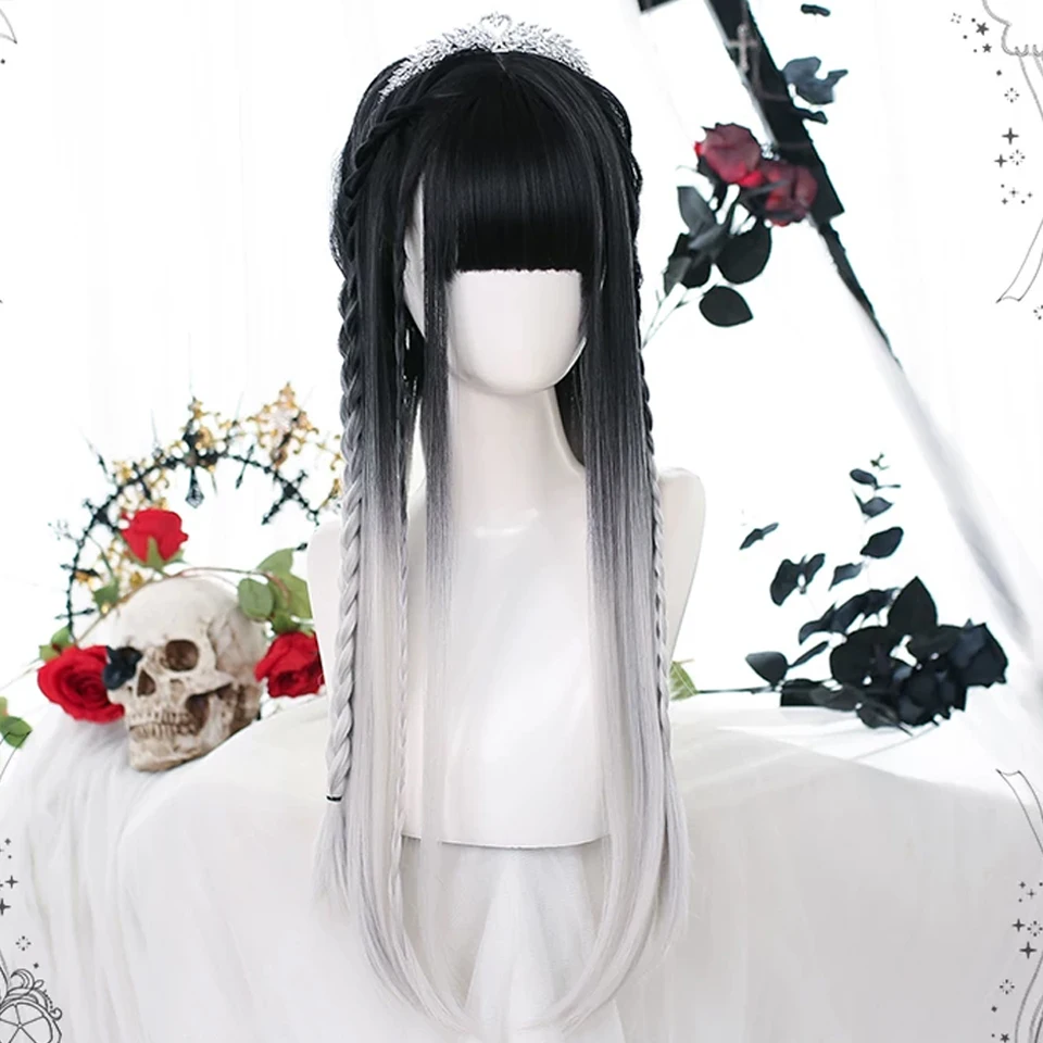 オンブルブラックホワイト合成ウィッグ前髪付きナチュラルロングストレートヘアコスプレロリータウィッグ女性用日常使用ウィッグ耐熱性