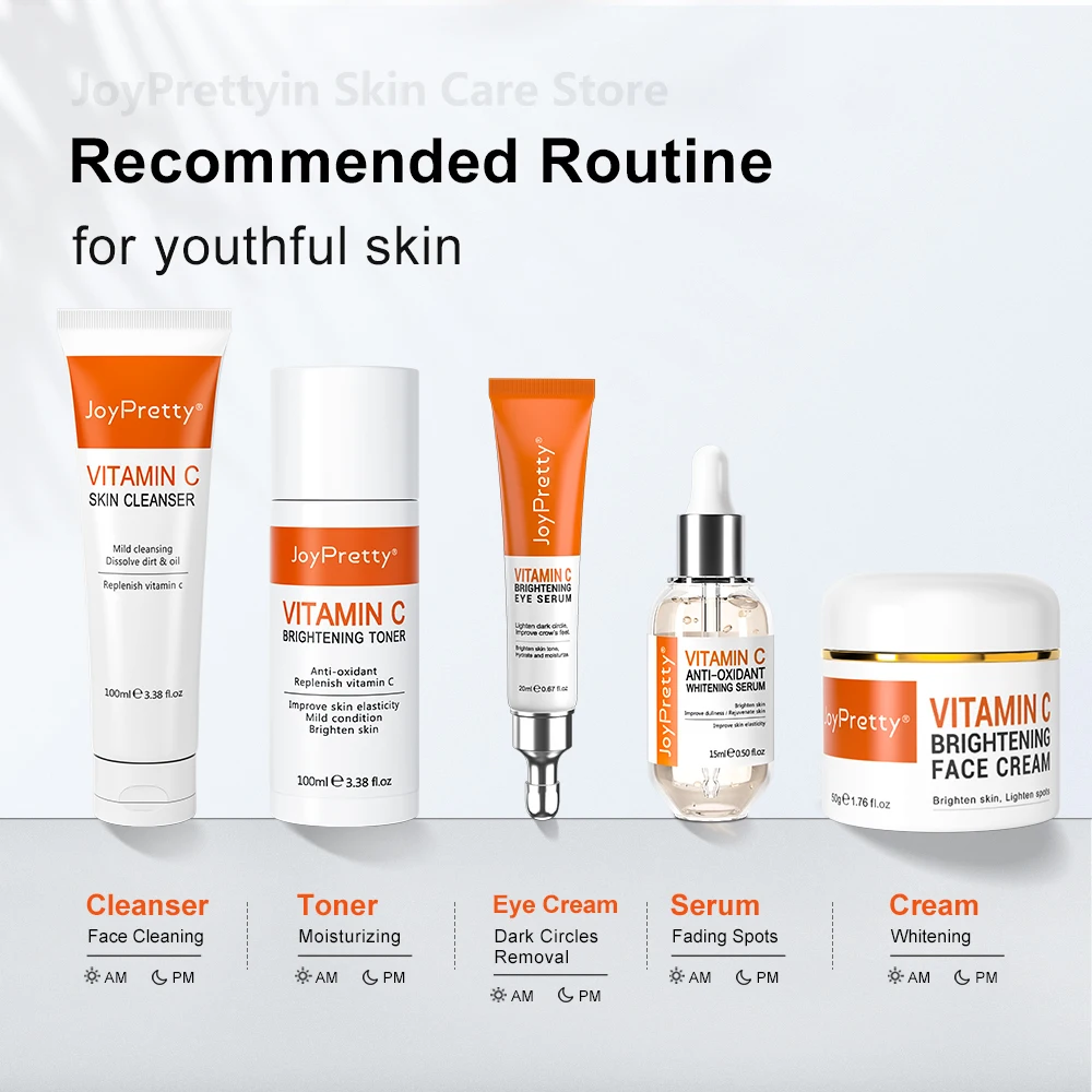 Vitamin C Skincare Set Dark Spots Lightening SPF 50 Whitening Sunscreen Cleanser Serum Cream Dark Circle Skin Care JoyPretty