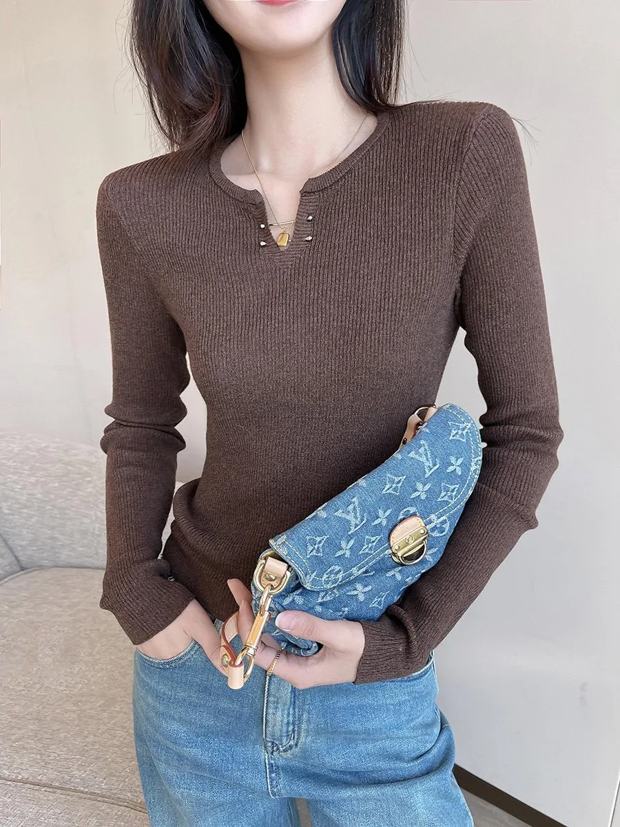 

Коричневый вязаный свитер с v-образным вырезом, женский зимний модный универсальный трикотаж, простой облегающий длинный топ све