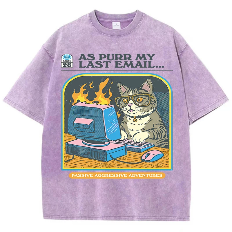 Cat Playing Computer GamesPrint Snow Wash T Shirt Man Unisex Washed Tees Casual Shortwear Soft Breathable Cotton Clothes