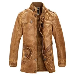 High Quality Leather Jacket Men Slim Warm Washed Leather Motorcycle Biker Jackets Standing Collar Coat Plus size 4XL Long Parkas