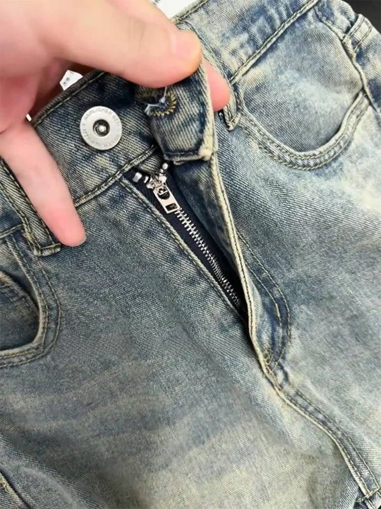 Cleanfit メンズ レトロ アメリカン ストリート Sle ライトニング パターン フレイド ヘム ベル ボット ジーンズ カジュアル 通気性 ルーズ フィット デニム