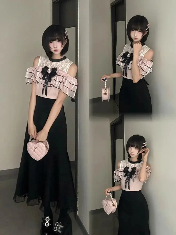 

Sweet Lolita Fake 2 Piece Dress Women Cold Shoulder Lace Blouse High Waist Mermaid Skirt Bowknot Ruffle Kawaii Harajuku Outfit