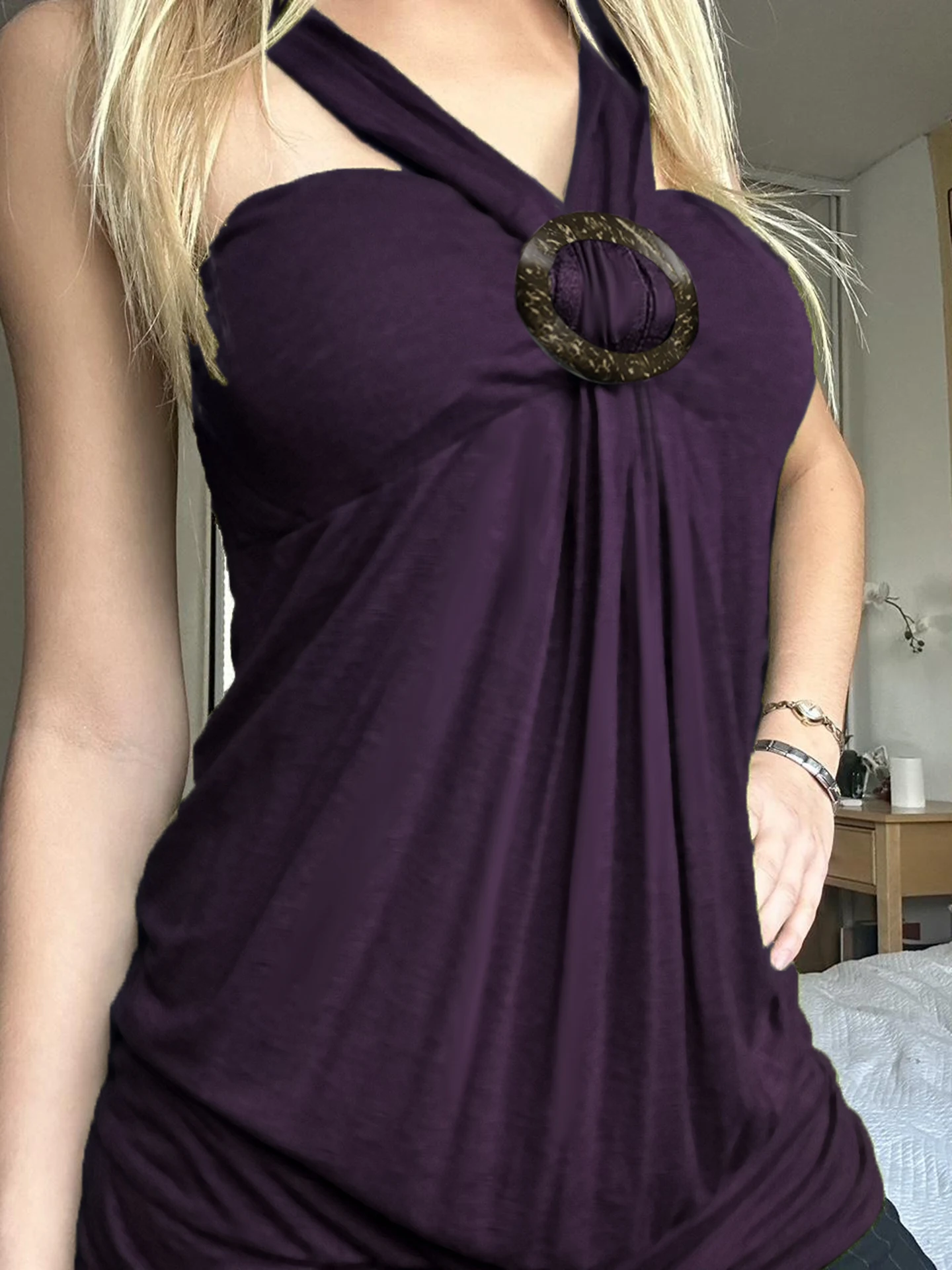 WEEKEEP Harajuku Style Loose Fit Halter Neck Vest with Gathered Ring Detail Streetwear Trendy Slimming Top for Women