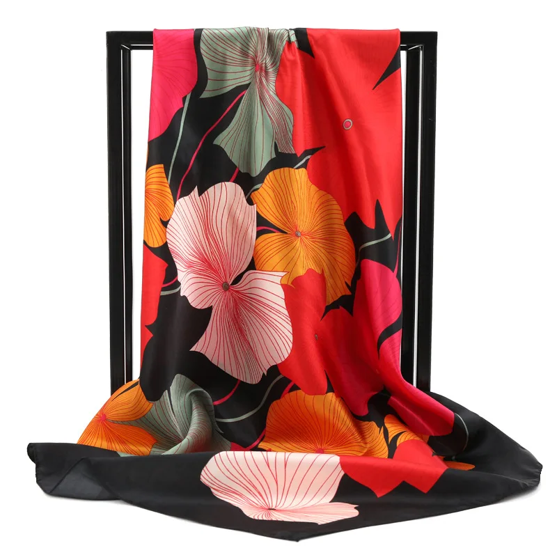 90*90cm Large Square Silk Scarf Turban Plant Maple Leaves Simulation Silk Satin Hijab Head Scarf Headwraps for Women