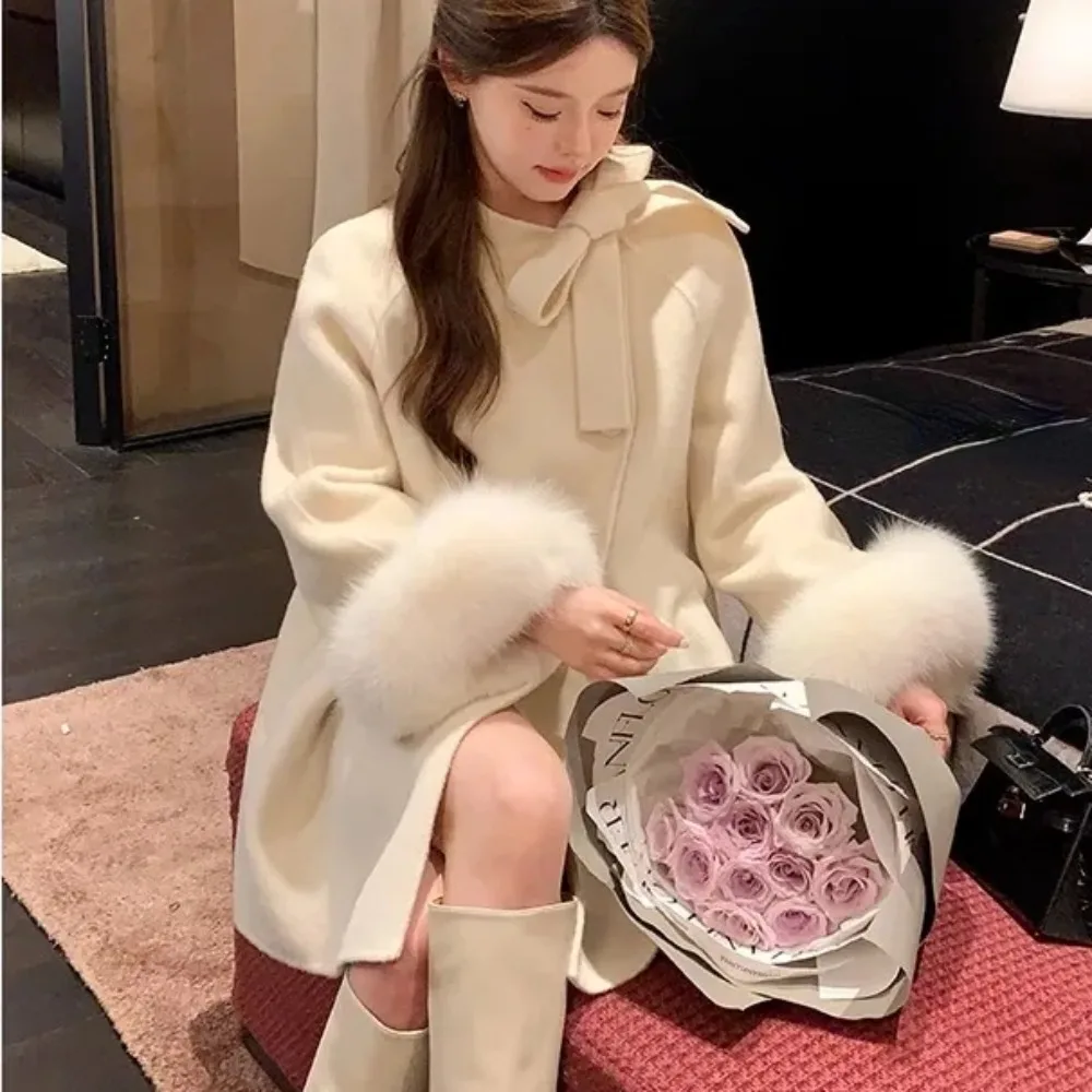 Women's Tailored Double Face Wool Coat Mid Length Office Chic Real Fox Fur Coat Autumn Winter Elegant Fashion Outerwear Clothing