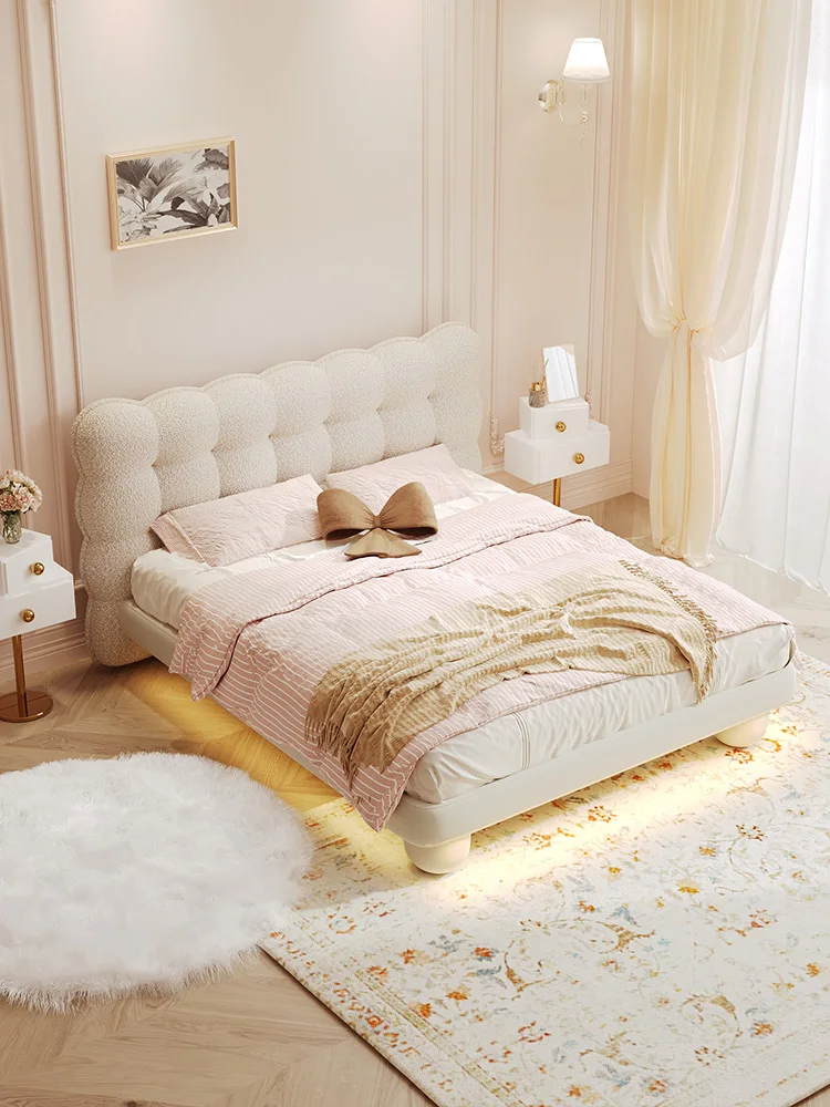 French light luxury technology velvet art bed, cream bed, modern and simple master bedroom, high-end and atmospheric